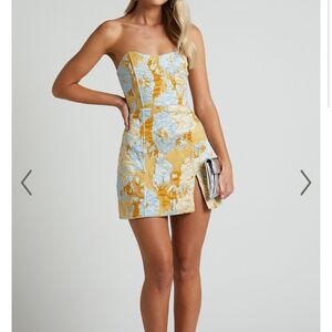 Showpo Bradley Mini Dress in blue and Gold/yellow
